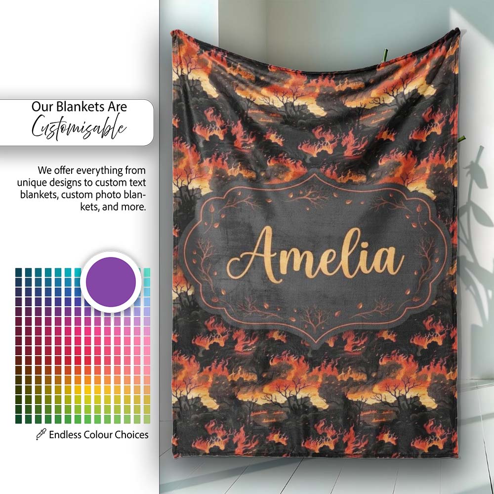 Dark Burning Forest Scene with Dramatic Fire Glow Seamless Pattern Personalised Custom Name Super Soft Fleece Blanket Bed Sofa Throw