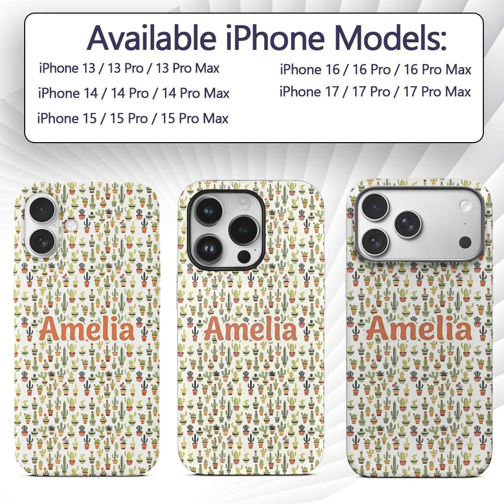 Cute Assorted Potted Cactus Plants Printed Design Custom Name Protective Phone Case Mobile Cover Durable Everyday Smartphone Shock Resistant