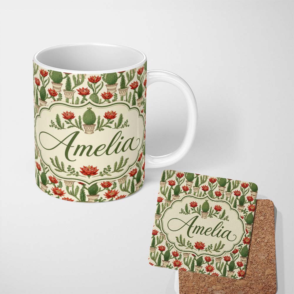 Personalized Custom Name Blooming Red Flower Cactus Garden Botanical Seamless Pattern Name 11oz Ceramic Coffee Tea Mug White Large Handle