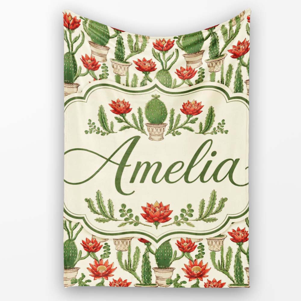 Blooming Red Flower Cactus Garden Botanical Seamless Pattern Name Personalised Custom Name Super Soft Fleece Blanket Bed Sofa Throw