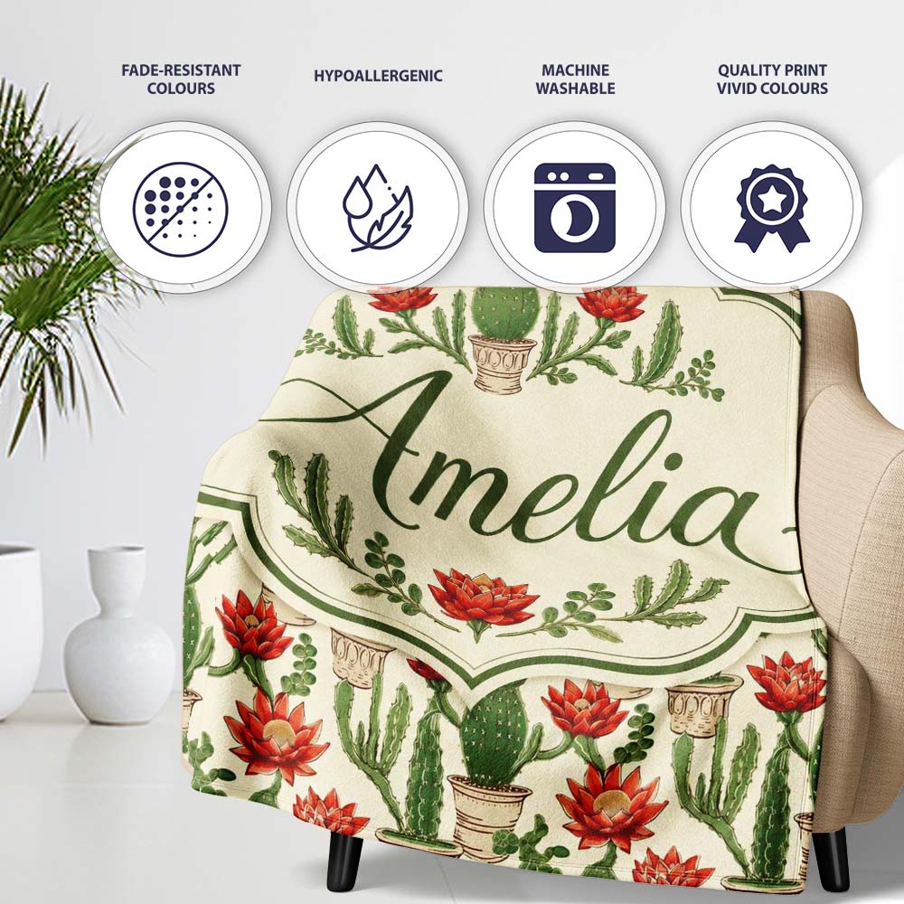 Blooming Red Flower Cactus Garden Botanical Seamless Pattern Name Personalised Custom Name Super Soft Fleece Blanket Bed Sofa Throw