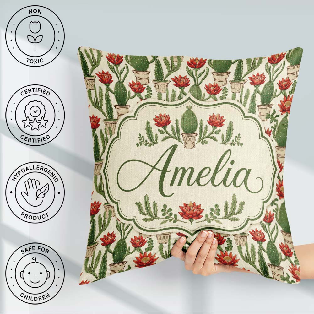 Custom Name Blooming Red Flower Cactus Garden Botanical Seamless Square Filled Cushion Throw Pillow Sofa Bed Home Decor Zip Washable UK Made
