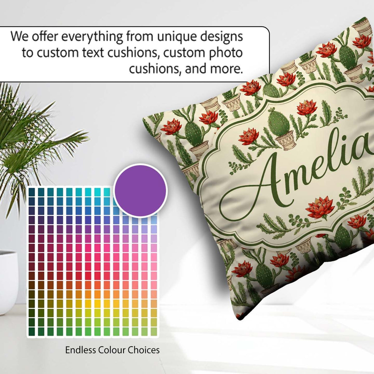 Custom Name Blooming Red Flower Cactus Garden Botanical Seamless Square Filled Cushion Throw Pillow Sofa Bed Home Decor Zip Washable UK Made
