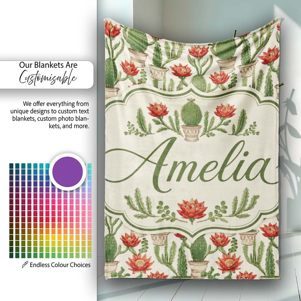 Blooming Red Flower Cactus Garden Botanical Seamless Pattern Name Personalised Custom Name Super Soft Fleece Blanket Bed Sofa Throw