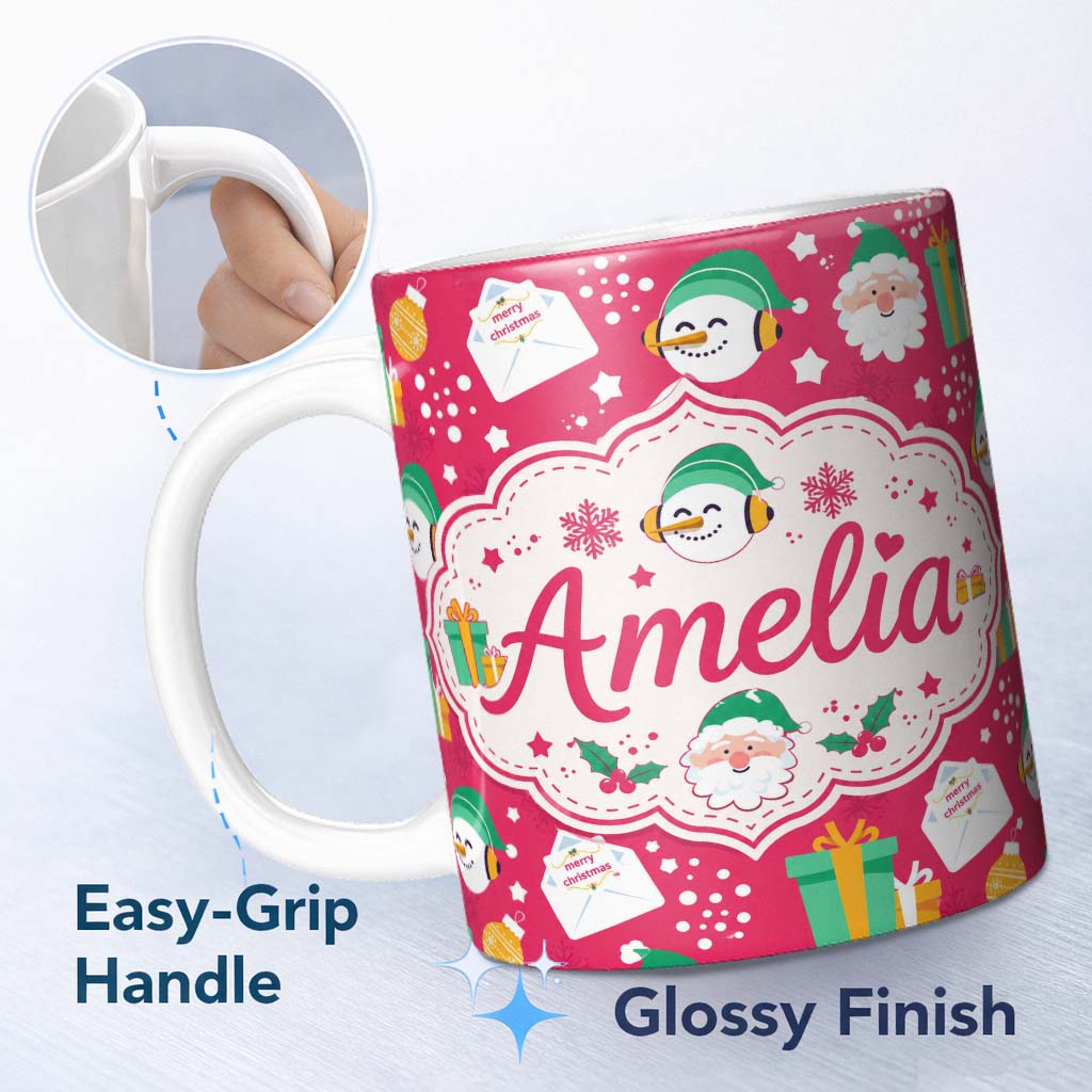 Personalized Custom Name Cute Santa Snowman Christmas Letter Gift Seamless Pattern Lovely 11oz Ceramic Coffee Tea Mug White Large Handle