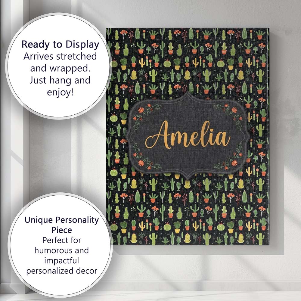 Personalised Name Cute Cartoon Cactus Custom Modern Room Accent Creative Decorator Style Canvas Wall Art Print Decor Picture Ready to Hang