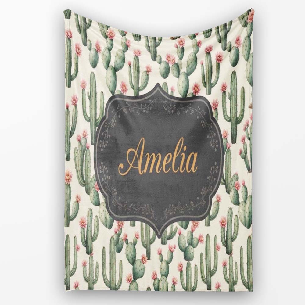 Vintage Style Cactus and Pink Flower Botanical Seamless Pattern Personalised Custom Name Super Soft Fleece Blanket Bed Sofa Throw