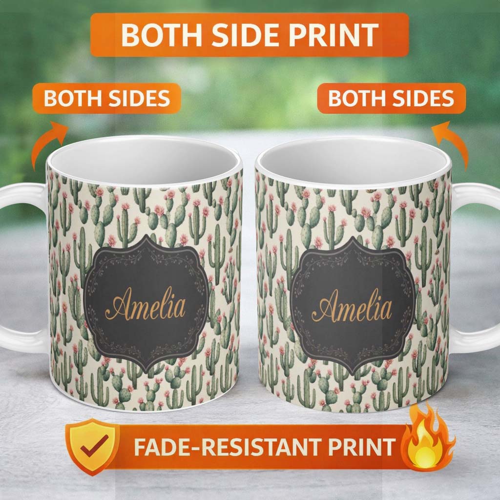 Personalized Custom Name Vintage Style Cactus and Pink Flower Botanical Seamless Pattern 11oz Ceramic Coffee Tea Mug White Large Handle
