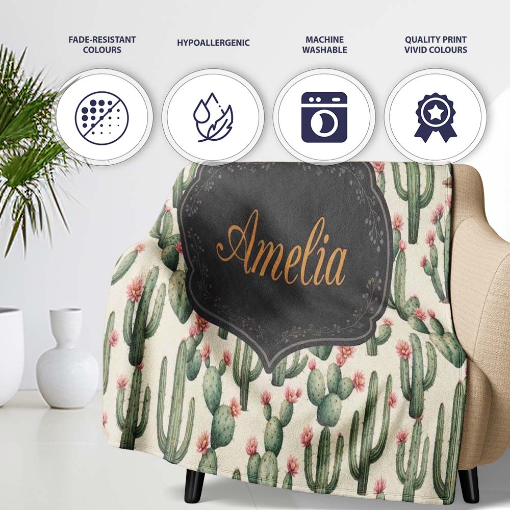 Vintage Style Cactus and Pink Flower Botanical Seamless Pattern Personalised Custom Name Super Soft Fleece Blanket Bed Sofa Throw