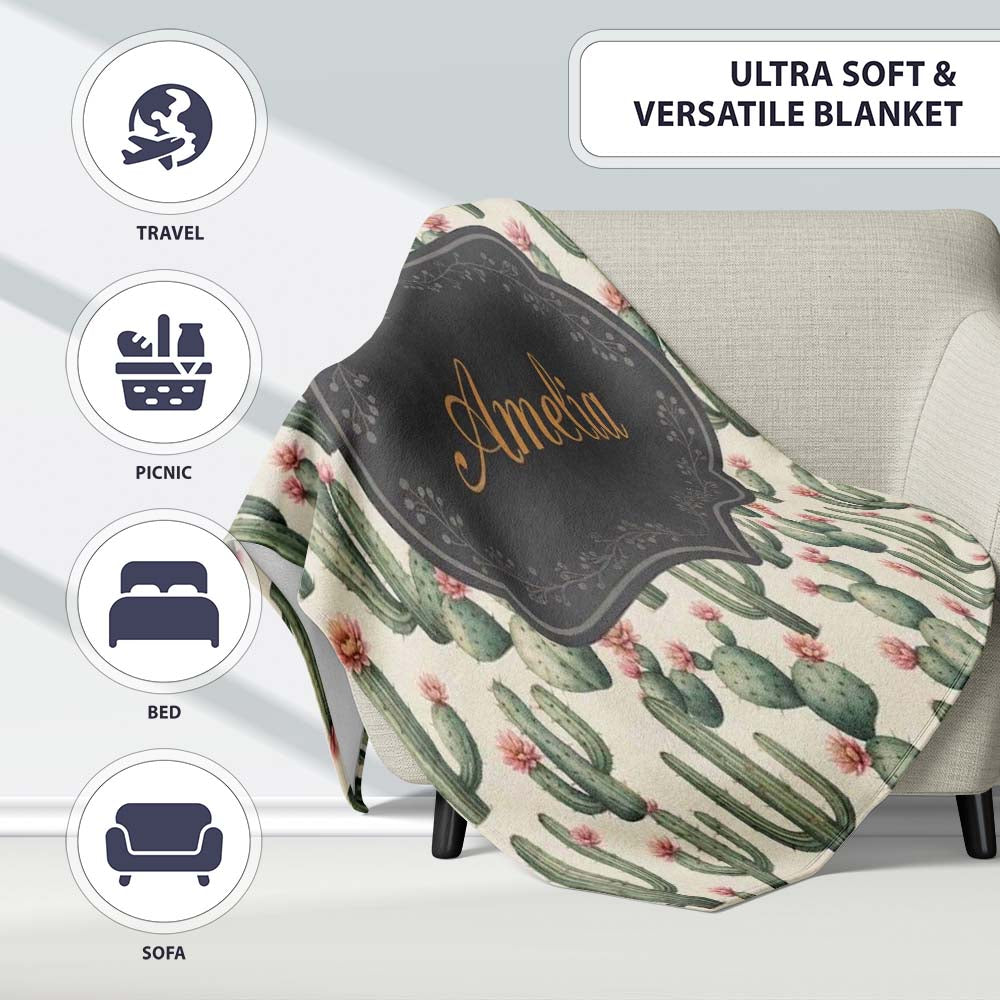 Vintage Style Cactus and Pink Flower Botanical Seamless Pattern Personalised Custom Name Super Soft Fleece Blanket Bed Sofa Throw