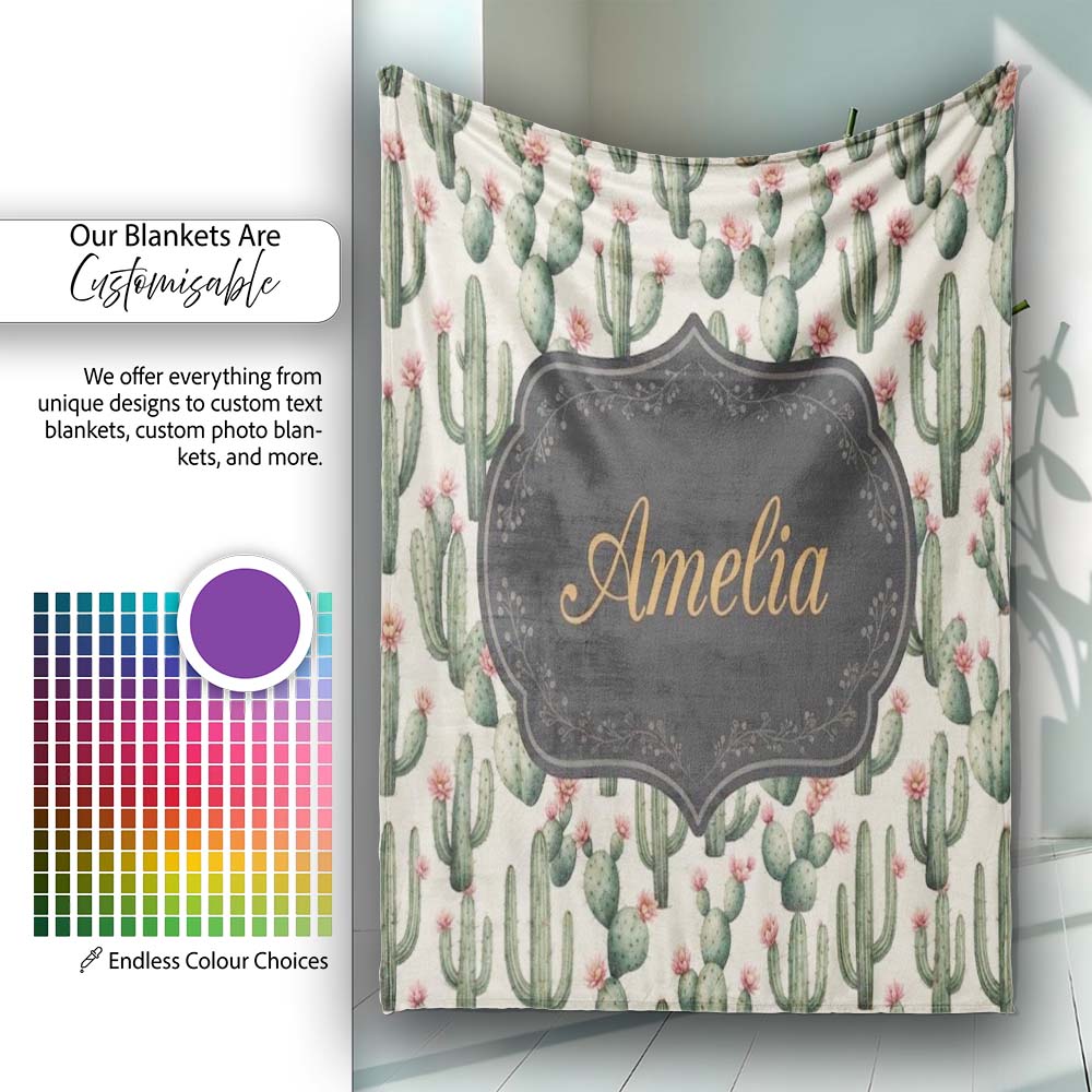 Vintage Style Cactus and Pink Flower Botanical Seamless Pattern Personalised Custom Name Super Soft Fleece Blanket Bed Sofa Throw