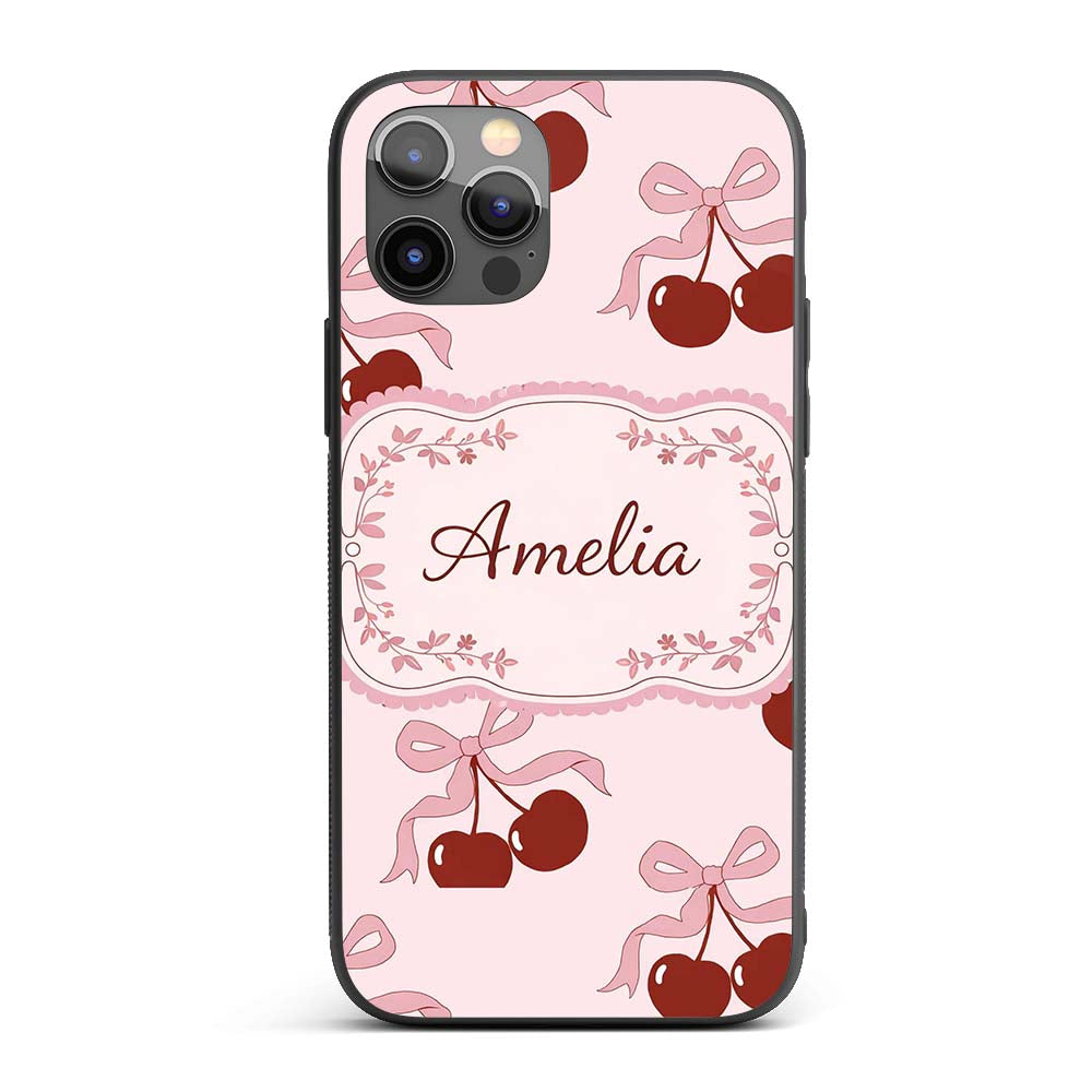 Cherry Bow Ribbon Cute Minimal Printed Design Custom Name Protective Phone Case Mobile Cover Durable Everyday Smartphone Shock Resistant