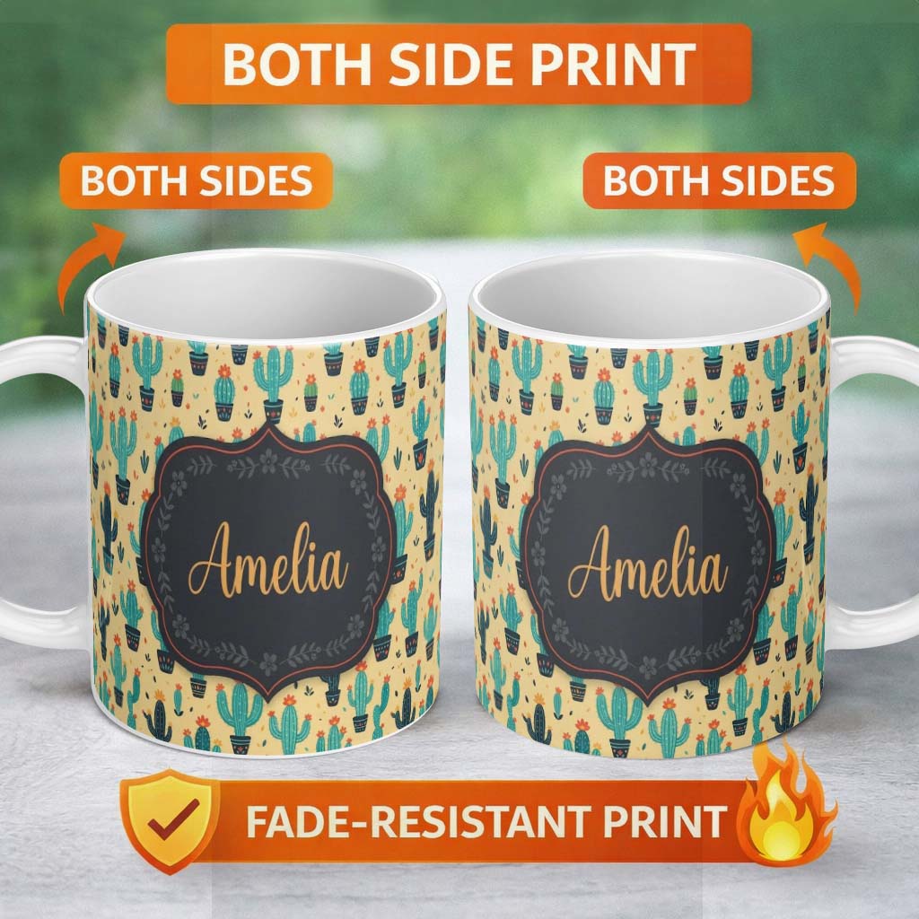 Personalized Custom Name Stylised Green Cactus Plants with Orange Flowers Seamless Pattern 11oz Ceramic Coffee Tea Mug White Large Handle