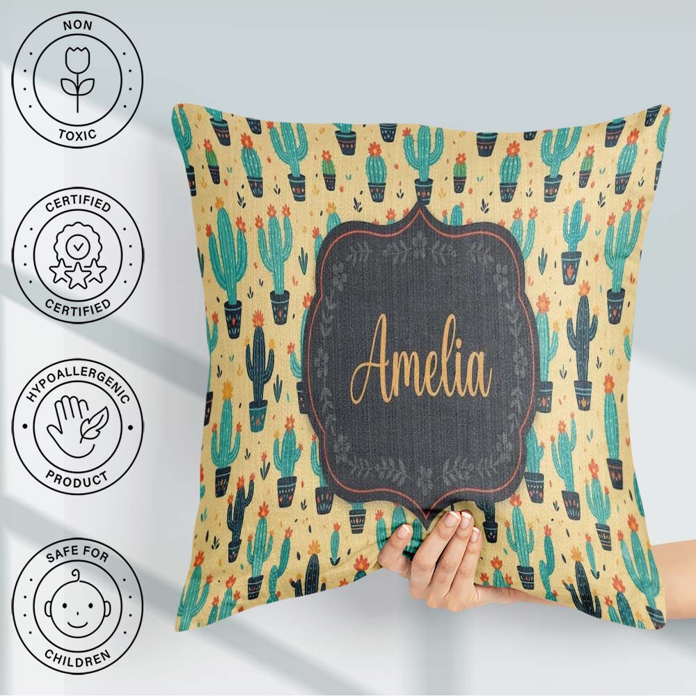 Custom Name Stylised Green Cactus Plants Orange Flowers Seamless Square Filled Cushion Throw Pillow Sofa Bed Home Decor Zip Washable UK Made