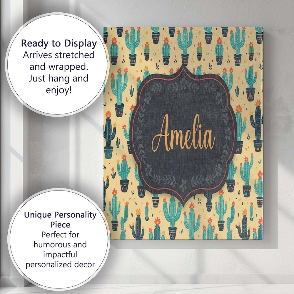Personalised Name Stylised Green Cactus Custom Modern Room Accent Elegant Feature Canvas Wall Art Print Decor Picture Ready to Hang