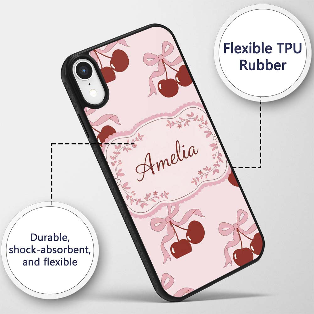 Cherry Bow Ribbon Cute Minimal Printed Design Custom Name Protective Phone Case Mobile Cover Durable Everyday Smartphone Shock Resistant