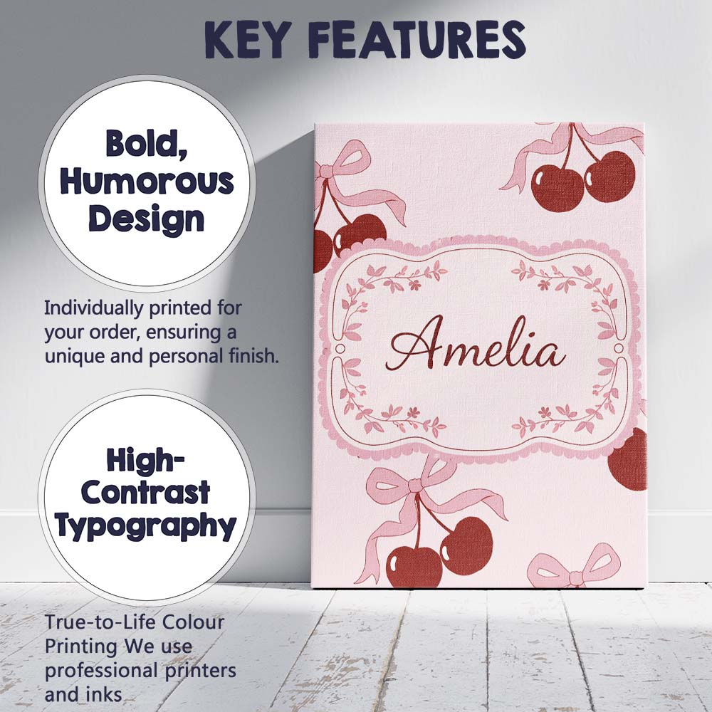 Personalised Name Cherry Bow Ribbon Cute Minimal Soft Blush Background Custom Decorative Canvas Wall Art Print Decor Picture Ready to Hang