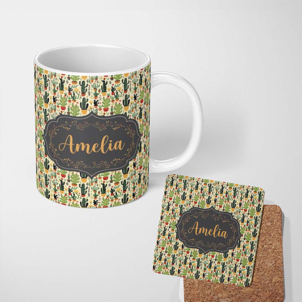 Personalized Custom Name Whimsical Mixed Cactus and Succulent Illustration Seamless Pattern 11oz Ceramic Coffee Tea Mug White Large Handle