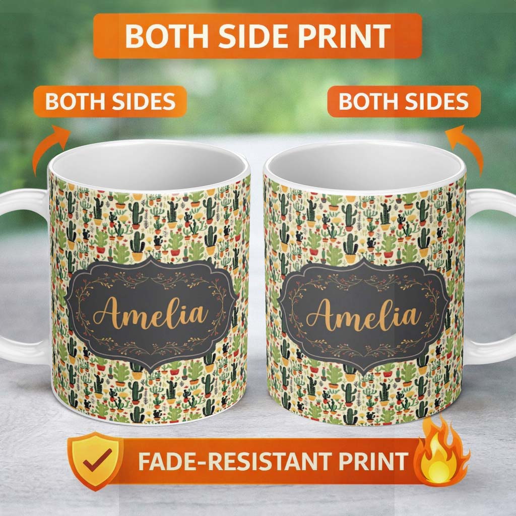Personalized Custom Name Whimsical Mixed Cactus and Succulent Illustration Seamless Pattern 11oz Ceramic Coffee Tea Mug White Large Handle