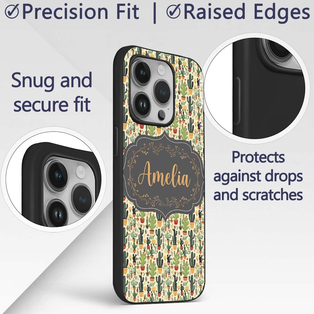 Whimsical Mixed Cactus and Succulent Illustration Custom Name Protective Phone Case Mobile Cover Durable Everyday Smartphone Shock Resistant