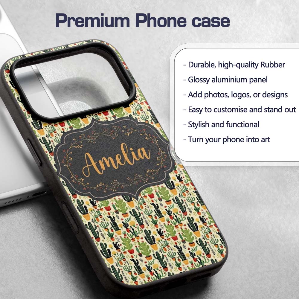 Whimsical Mixed Cactus and Succulent Illustration Custom Name Protective Phone Case Mobile Cover Durable Everyday Smartphone Shock Resistant