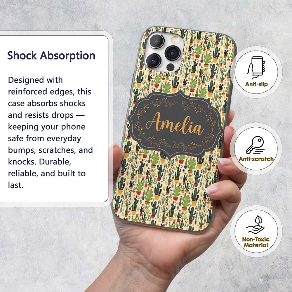 Whimsical Mixed Cactus and Succulent Illustration Custom Name Protective Phone Case Mobile Cover Durable Everyday Smartphone Shock Resistant