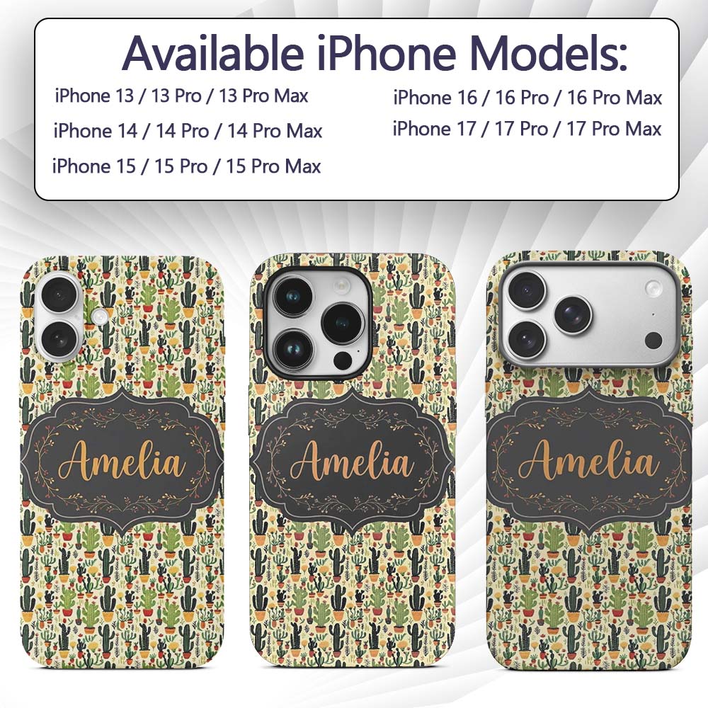 Whimsical Mixed Cactus and Succulent Illustration Custom Name Protective Phone Case Mobile Cover Durable Everyday Smartphone Shock Resistant