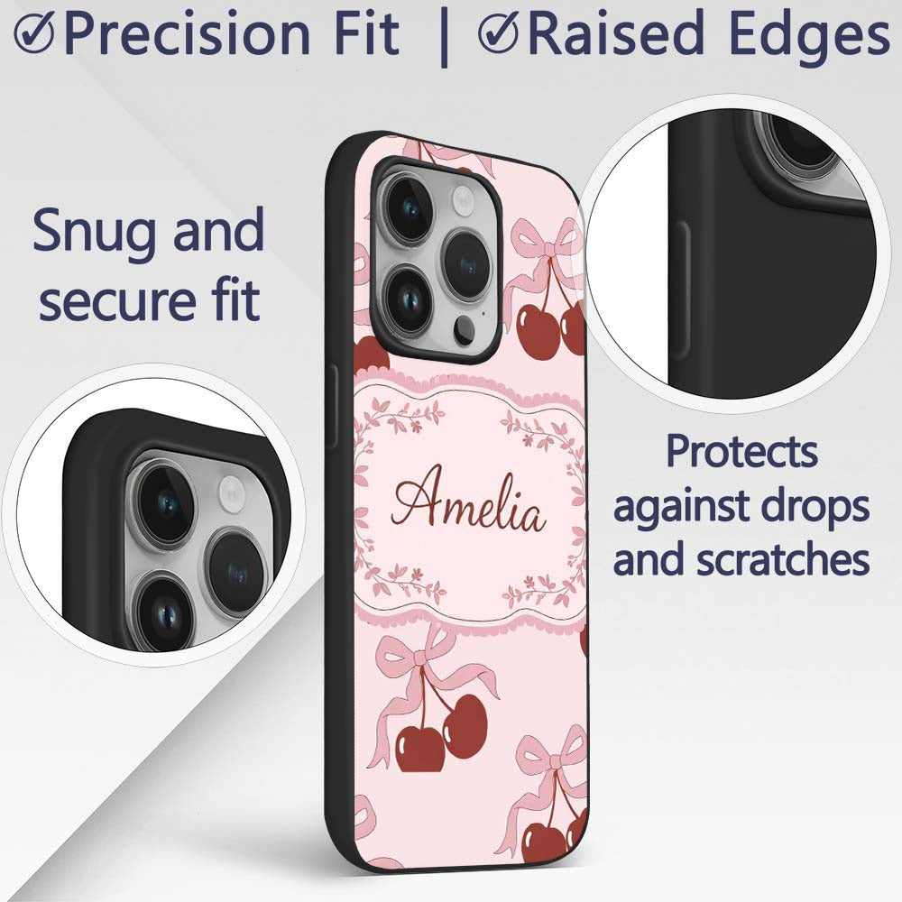 Cherry Bow Ribbon Cute Minimal Printed Design Custom Name Protective Phone Case Mobile Cover Durable Everyday Smartphone Shock Resistant