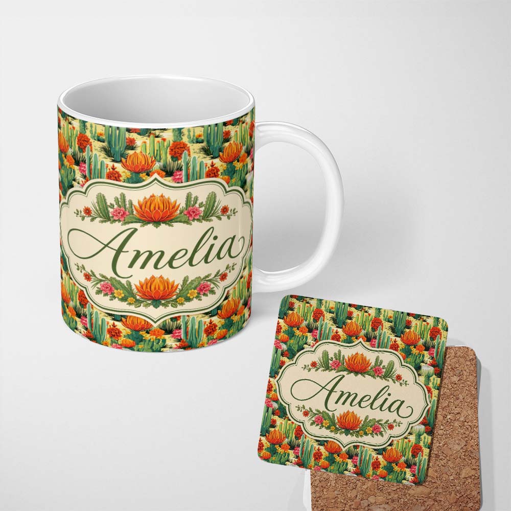 Personalized Custom Name Detailed Botanical Cactus Variety Garden Seamless Pattern Custom 11oz Ceramic Coffee Tea Mug White Large Handle