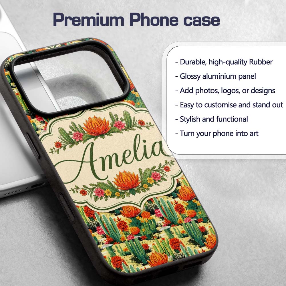 Detailed Botanical Cactus Variety Garden Seamless Custom Name Protective Phone Case Mobile Cover Durable Everyday Smartphone Shock Resistant