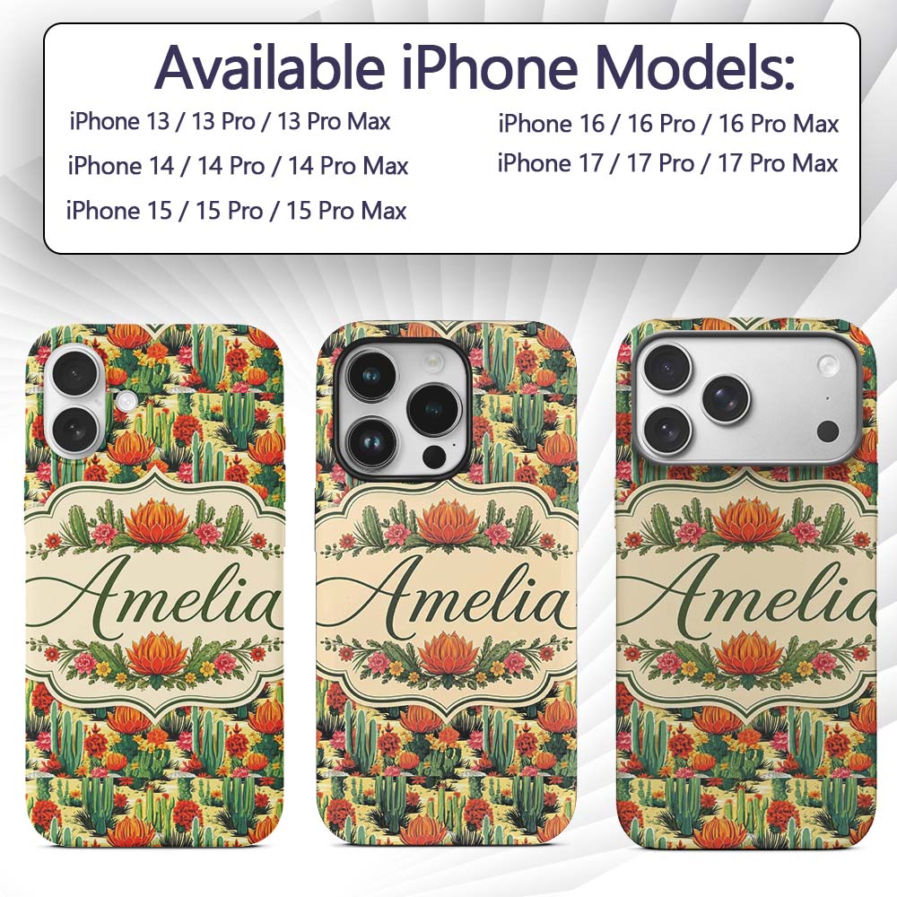 Detailed Botanical Cactus Variety Garden Seamless Custom Name Protective Phone Case Mobile Cover Durable Everyday Smartphone Shock Resistant