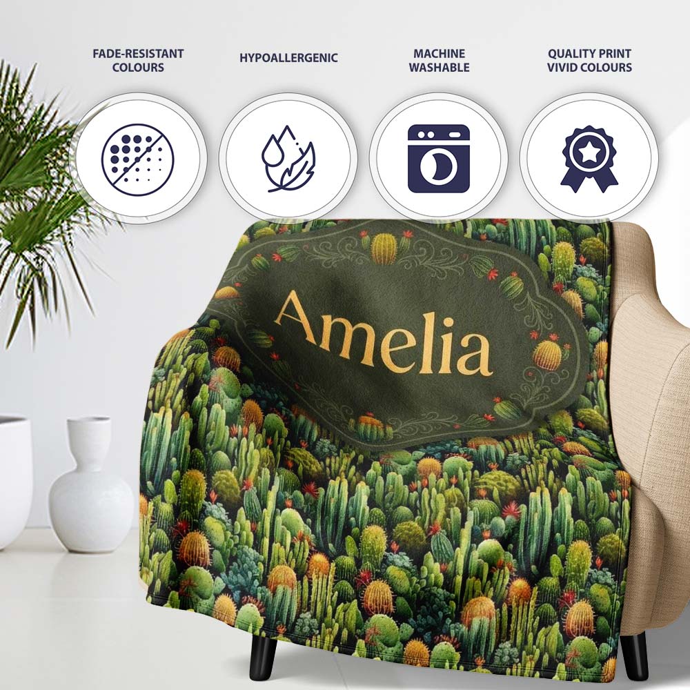 Dense Green Cactus Jungle with Small Flowers Seamless Pattern Name Personalised Custom Name Super Soft Fleece Blanket Bed Sofa Throw