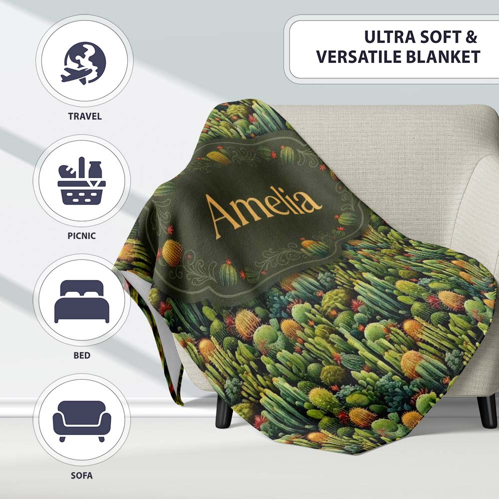 Dense Green Cactus Jungle with Small Flowers Seamless Pattern Name Personalised Custom Name Super Soft Fleece Blanket Bed Sofa Throw