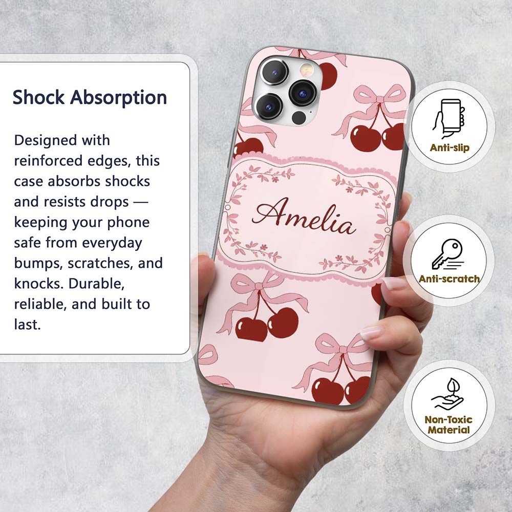 Cherry Bow Ribbon Cute Minimal Printed Design Custom Name Protective Phone Case Mobile Cover Durable Everyday Smartphone Shock Resistant
