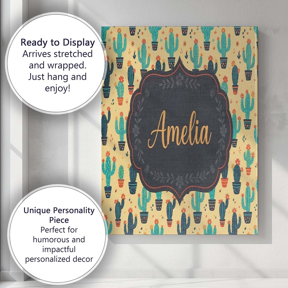 Personalised Name Cute Desert Cactus and Custom Unique Gift Idea Elegant Feature Canvas Wall Art Print Decor Picture Ready to Hang
