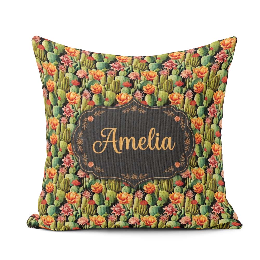Custom Name Vibrant Blooming Cactus Garden with Flowers Seamless Square Filled Cushion Throw Pillow Sofa Bed Home Decor Zip Washable UK Made