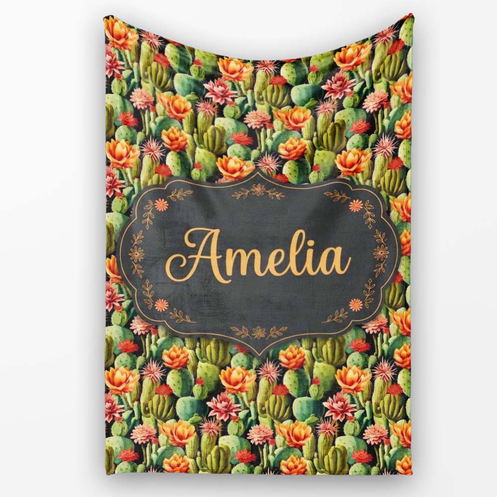 Vibrant Blooming Cactus Garden with Orange Flowers Seamless Pattern Personalised Custom Name Super Soft Fleece Blanket Bed Sofa Throw