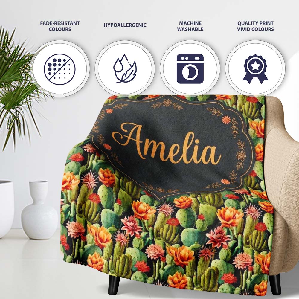 Vibrant Blooming Cactus Garden with Orange Flowers Seamless Pattern Personalised Custom Name Super Soft Fleece Blanket Bed Sofa Throw