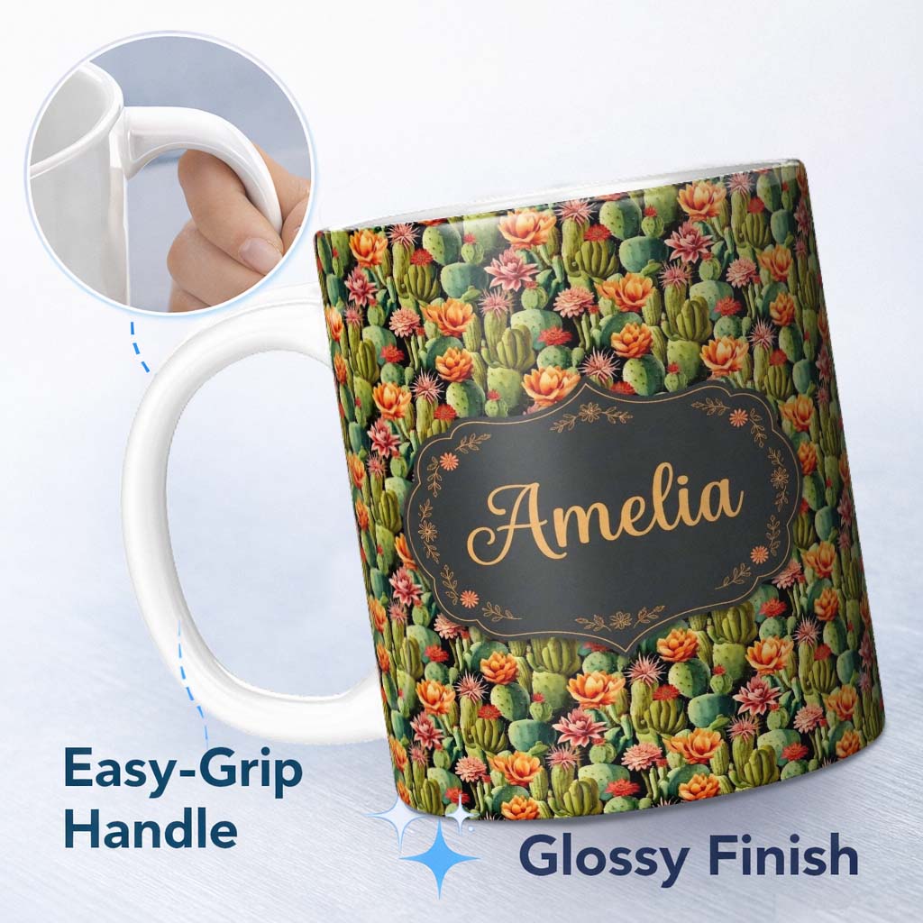 Personalized Custom Name Vibrant Blooming Cactus Garden with Orange Flowers Seamless Pattern 11oz Ceramic Coffee Tea Mug White Large Handle