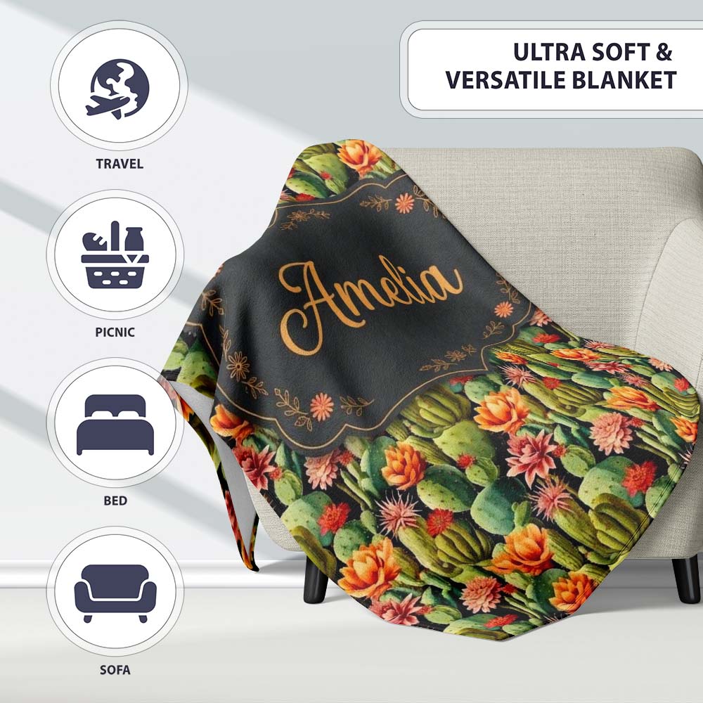 Vibrant Blooming Cactus Garden with Orange Flowers Seamless Pattern Personalised Custom Name Super Soft Fleece Blanket Bed Sofa Throw