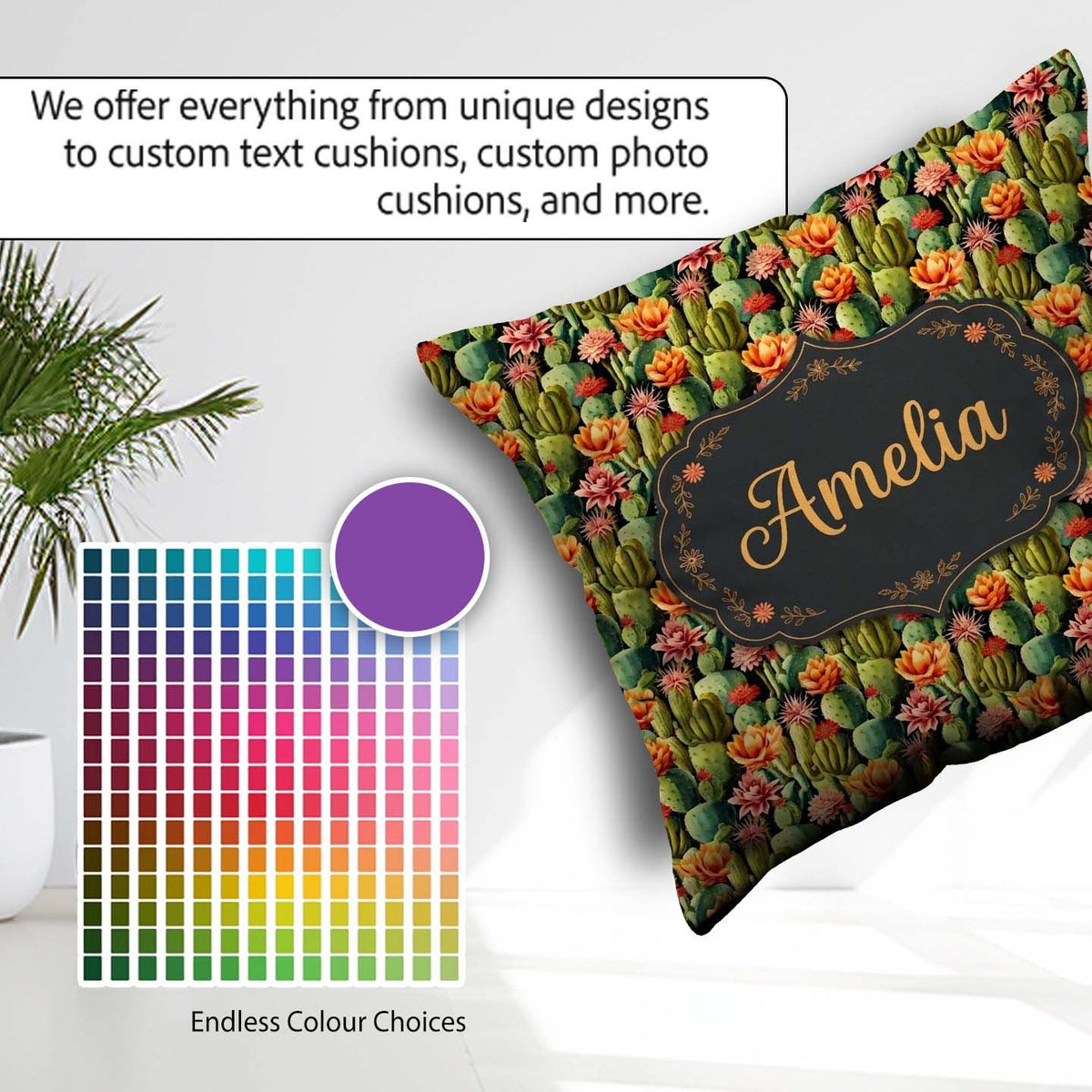 Custom Name Vibrant Blooming Cactus Garden with Flowers Seamless Square Filled Cushion Throw Pillow Sofa Bed Home Decor Zip Washable UK Made