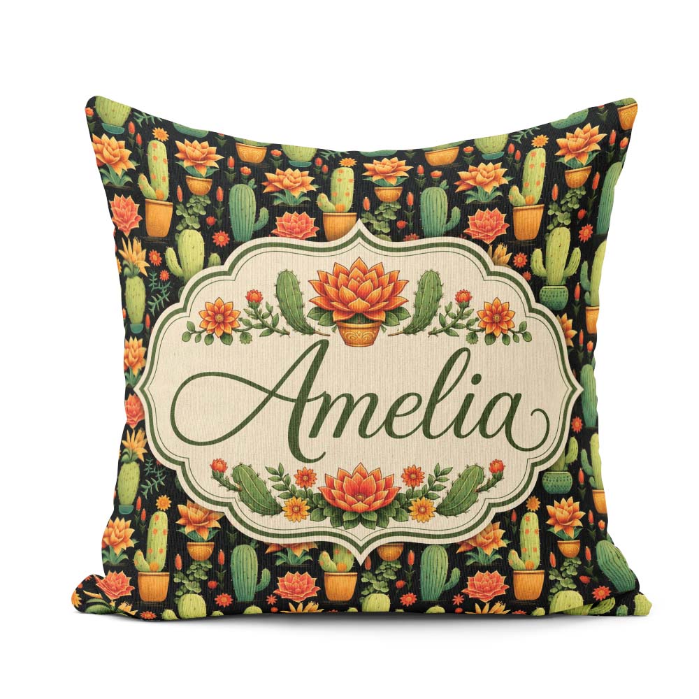 Custom Name Decorative Cactus and Pots on Dark Seamless Pattern Square Filled Cushion Throw Pillow Sofa Bed Home Decor Zip Washable UK Made