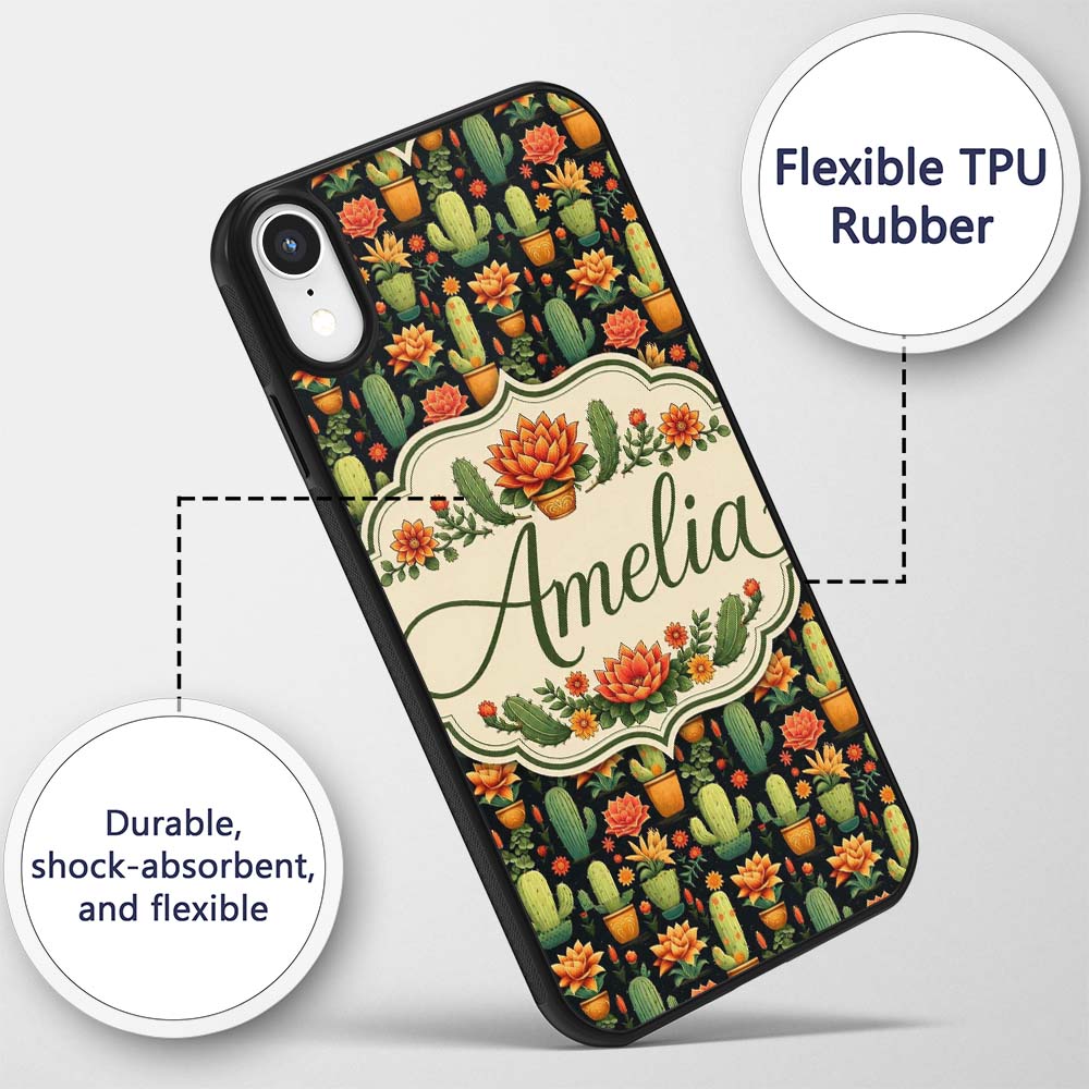 Stylish Decorative Cactus and Floral Pots on Dark Custom Name Protective Phone Case Mobile Cover Durable Everyday Smartphone Shock Resistant