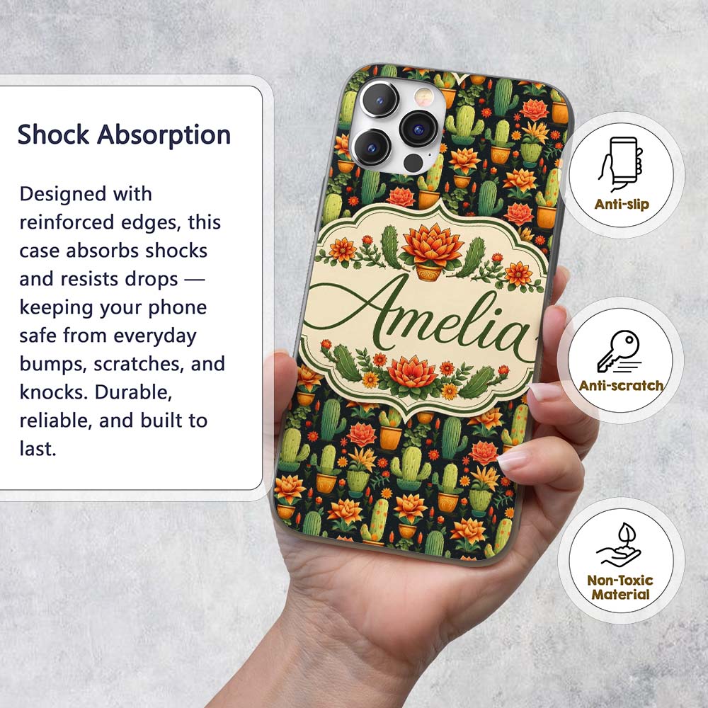 Stylish Decorative Cactus and Floral Pots on Dark Custom Name Protective Phone Case Mobile Cover Durable Everyday Smartphone Shock Resistant