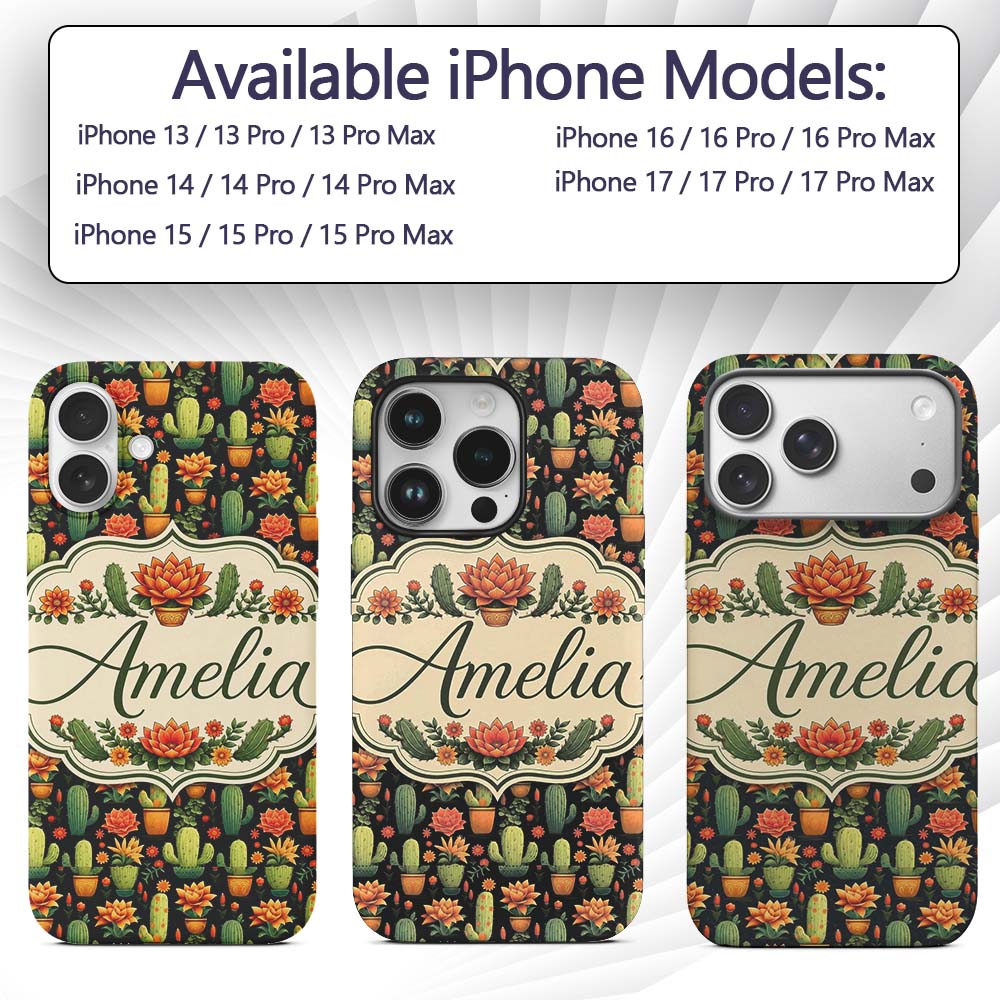 Stylish Decorative Cactus and Floral Pots on Dark Custom Name Protective Phone Case Mobile Cover Durable Everyday Smartphone Shock Resistant