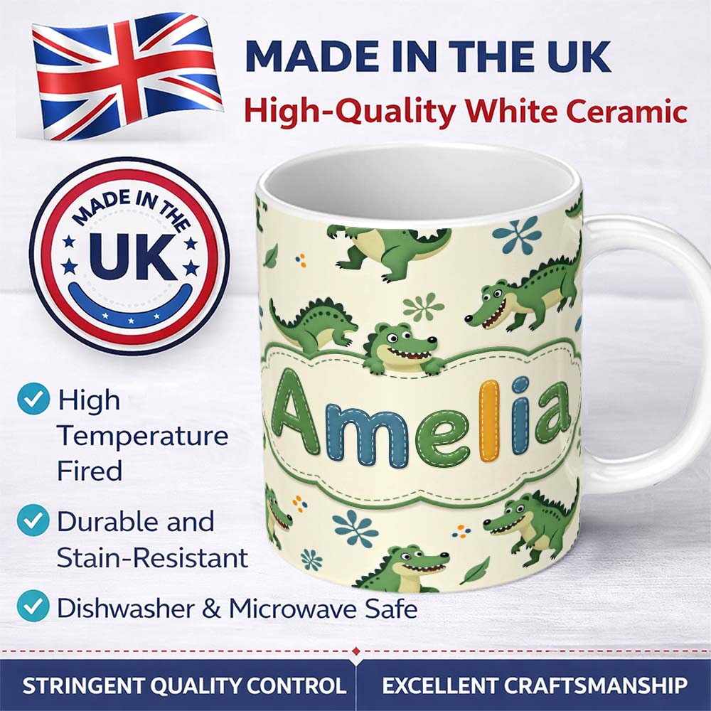Personalized Custom Name Cute Cartoon Crocodiles Jungle Leaves Playful Animal Seamless Lovely 11oz Ceramic Coffee Tea Mug White Large Handle
