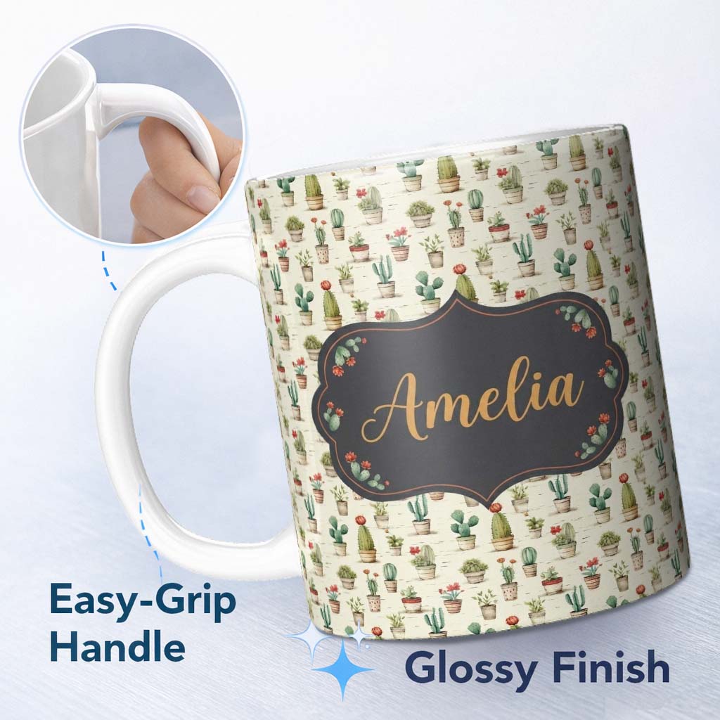 Personalized Custom Name Vintage Potted Cactus and Succulent Botanical Seamless Pattern Name 11oz Ceramic Coffee Tea Mug White Large Handle