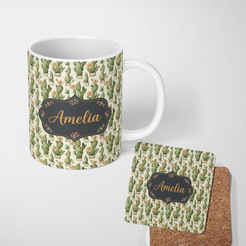 Personalized Custom Name Soft Green Cactus with Cream Flower Illustration Seamless Pattern 11oz Ceramic Coffee Tea Mug White Large Handle