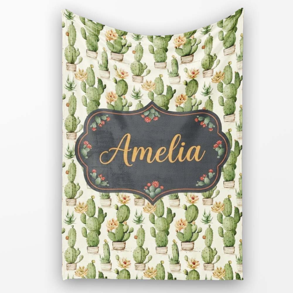 Soft Green Cactus with Cream Flower Illustration Seamless Pattern Personalised Custom Name Super Soft Fleece Blanket Bed Sofa Throw