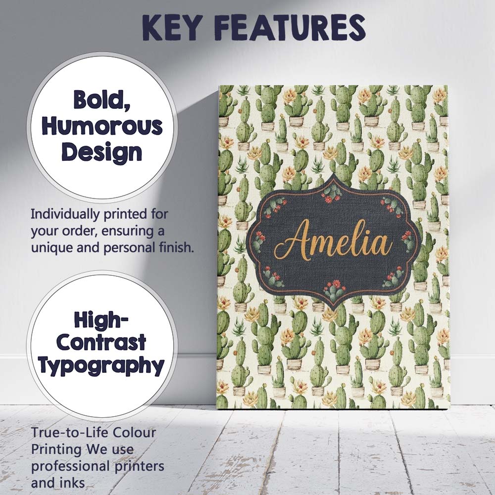 Personalised Name Soft Green Cactus with Custom Unique Gift Idea Elegant Feature Canvas Wall Art Print Decor Picture Ready to Hang